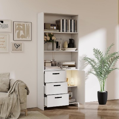 6-Tier Bookshelf w/ Door & 3 Drawers, 71" Wood Bookcase - Open Shelves & Storage for Office, Living Room, Bedroom