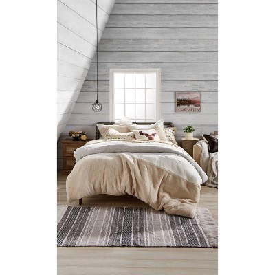 Full/Queen 3Pc Colorblock Faux Shearling Comforter Set Natural - G.H. Bass: Microfiber, Includes 2 Shams