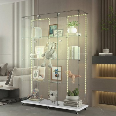 YOOCOZZ Tempered Glass Cabinet: Display/Wine/Storage/File, Bluetooth LED, Glass Top, Door Lock, Wheels