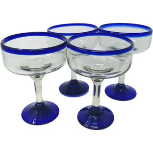 Dos Sueños Mexican Hand Blown  Margarita Glasses - Blue Rim - 16oz - Set of 4 - 1 of 4