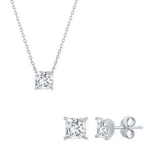 Bella Silver Sterling Silver, Solitaire 6mm Princess-Cut CZ, 18" Necklace & Earrings Set - 1 of 4