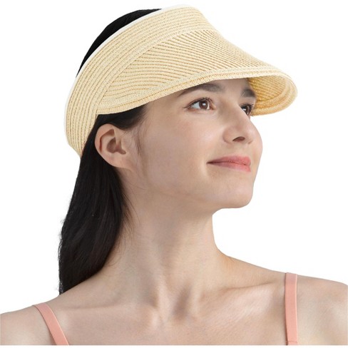 SUN CUBE Womens Straw Visor Hat, Wide Brim Straw Sun Hat Visor, Beach Cap  Foldable Roll Up Travel Ponytail Golf Hats (Beige)