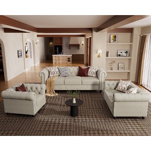 6 Seater 3pcs Linen Chesterfield Couches, Armchair Loveseat Sofa Set Tufted Couch for Living Room -Morden Fort - 1 of 4
