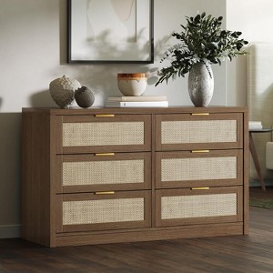 6 Drawer Rattan Dresser for Bedroom, Natural Dresser with Gold Metal Handles - 1 of 4