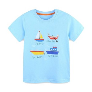 MyKids-USA Summer Boys’ Various Boats Cartoon Pattern T-shirt in European and American Style - 1 of 3