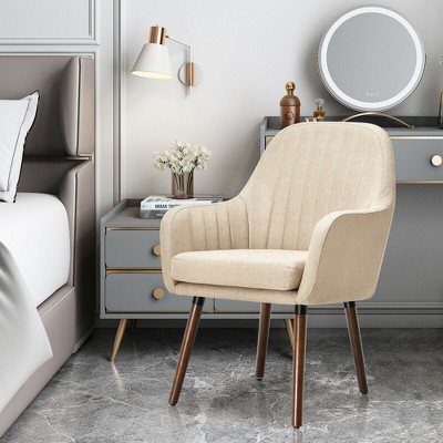 Beige Linen Upholstered Armchairs with Wooden Legs, Set of 4