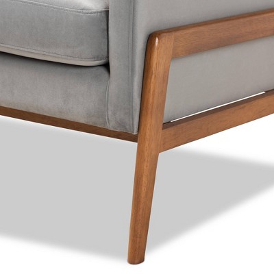 Perris Grey Velvet and Walnut Brown Wood Accent Chair