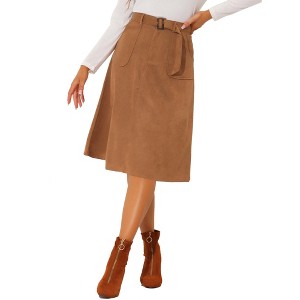 INSPIRE CHIC Women's Casual Solid Faux Suede Pockets Stretch A-line Midi Skirt with Belt - 1 of 4