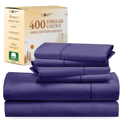 6 Piece Sheet Set with 4 Pillowcases - 400 Thread Count 100% Cotton Sateen - Deep Pocket by California Design Den