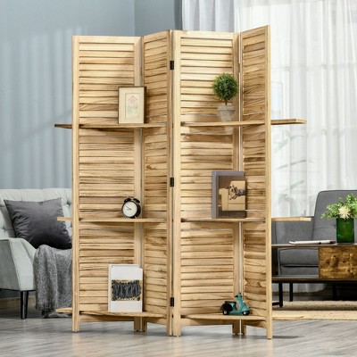 MAYEERTY 4 Panel Folding Room Divider Freestanding Paulownia Wood Privacy Screen Panel with Storage Shelves for Home Office Natural Wood