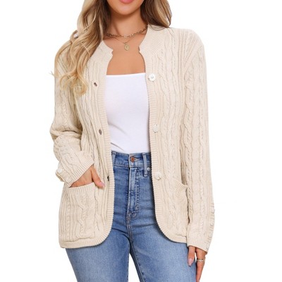INSPIRE CHIC Women's Button Down Long Sleeve Crew Neck with Pockets Casual Cardigan
