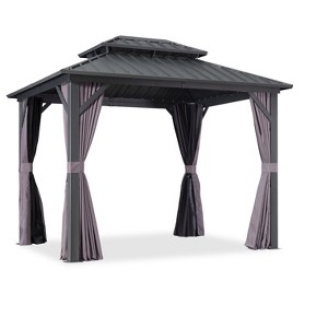 PURPLE LEAF Permanent Hardtop Gazebo Aluminum Frame Gazebo with Galvanized Steel Double Roof, UV-Resistant, Netting & Curtains included - Grey - 1 of 4