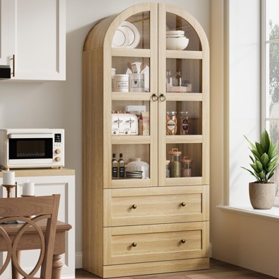 Homhougo 72" Tall Arched Kitchen Storage Cabinet,Farmhouse Pantry Cabinets with 2 Glass Doors & Drawers, Large Display Pantry Cabinets Natural