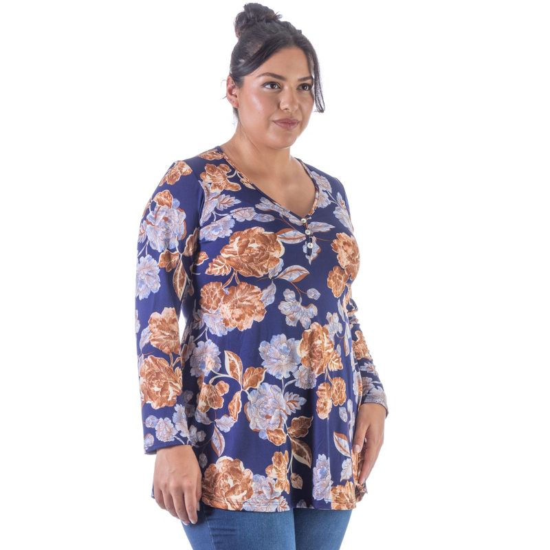 24seven Comfort Apparel Womens Blue Floral Long Sleeve V Neck Plus Size Tunic Top, 2 of 5