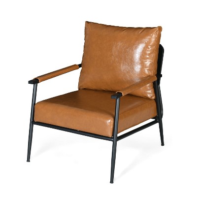 Lirago,Mid-Century Modern Accent Chair with Brown PU Leather-Industrial Iron Frame, High Backrest & Faux Leather Armrests