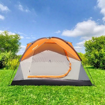FURNIinspire Camping Tents Family Camping Tent, Outdoor Double Layers Waterproof Tent With Rainproof Top And Mesh Windows, Orange, 78.7"*78.7"*53.1"