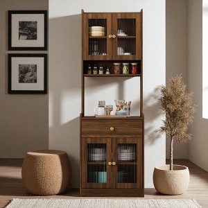 71" Farmhouse Kitchen Pantry Hutch Cabinet with Microwave Stand, Freestanding Buffet Sideboard Storage Cabinet with Doors, Drawer & Open Shelf - 1 of 4