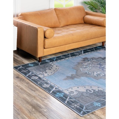 Blue Gray Rectangular Stain-Resistant Chenille Rug
