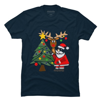 Men's Design By Humans Funny Cute Santa Claus and Christmas Reindeer by Tree By SmileToday T-Shirt