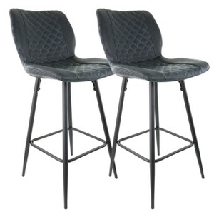 Elama 2 Piece Diamond Stitched Faux Leather Bar Chair in Black with Metal Legs - 1 of 4