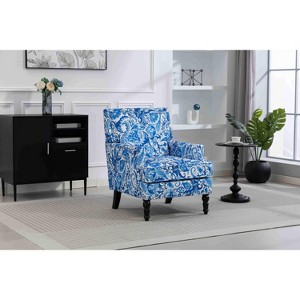 Airsurfer Upholstered Accent Chair with Blue Floral Print, Fabric Armchair with Wooden Legs, Elegant Lounge Chair for Living Room or Bedroom - 1 of 4