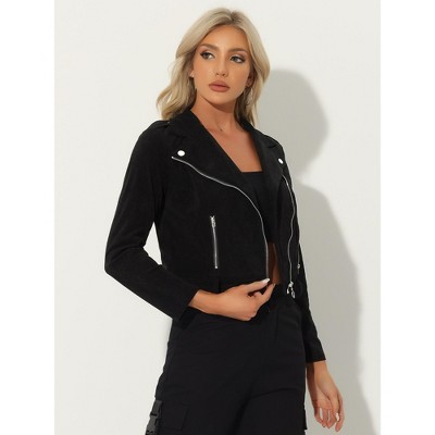 Allegra K Women's Notched Lapel Zip Up Long Sleeve Motorcycle Corduroy Jacket Medium Black — фото 2