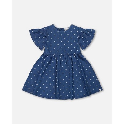 Deux par Deux Girl Printed Chambray Dress Navy Blue and White Hearts