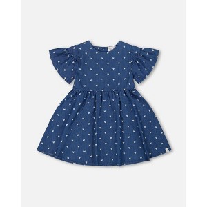 Deux par Deux Girl Printed Chambray Dress Navy Blue and White Hearts - 1 of 4