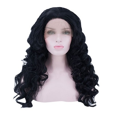 Unique Bargains Women's Long Water Wave Lace Front Wigs with Wig Cap 18" Black 1PC