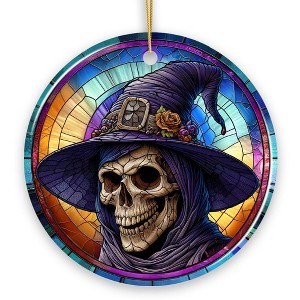 Witchy Grin Skull with Hat and Scarf Stained Glass Style Ceramic Ornament, Halloween Themed Christmas Gift and Decor| OrnamentallyYou - 1 of 4