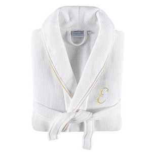 Linum Home Textiles Hotel 100% Turkish Cotton Waffle Terry Personalized White Bathrobe with Gold Satin Piped Trim in Gold Script Font - 1 of 2