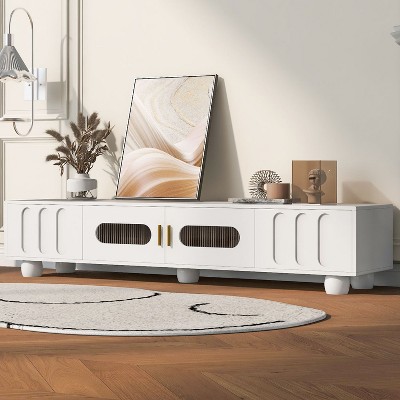 Modern TV Stand up to 80'' with Solid Wood Legs, Entertainment Center with Glass Door and Storage Space - The Pop Home