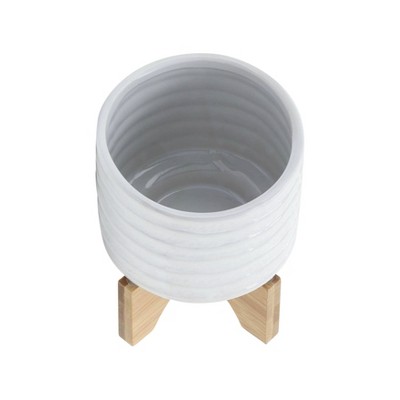 Elegant White Stripe Ceramic Planter with Wooden Stand, 6"x8"