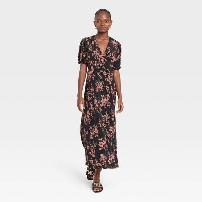 Women's Crepe Puff Short Sleeve Midi Dress - A New Day™ Black/Brown Floral  XL