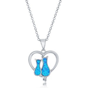 Opalata Sterling Silver Blue Opal Cats in a Heart 18" Pendant Necklace - Blue - 1 of 2
