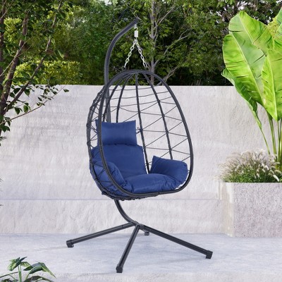 SKRAN Hanging Egg Chair, Swing Basket Egg Chairs with Stand Wicker, UV Resistant Removable & Washable Cushions for Bedroom Porch