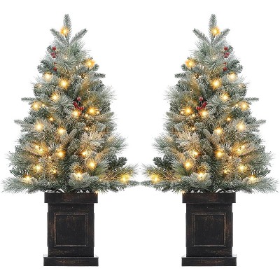 3ft Artificial Christmas Tree w/ Warm White Led Lights, Pre-Lit Christmas Tree w/Snowflakes and Red Berries, Christmas Tree with Base