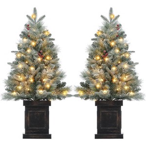 3ft Artificial Christmas Tree w/ Warm White Led Lights, Pre-Lit Christmas Tree w/Snowflakes and Red Berries, Christmas Tree with Base - 1 of 4