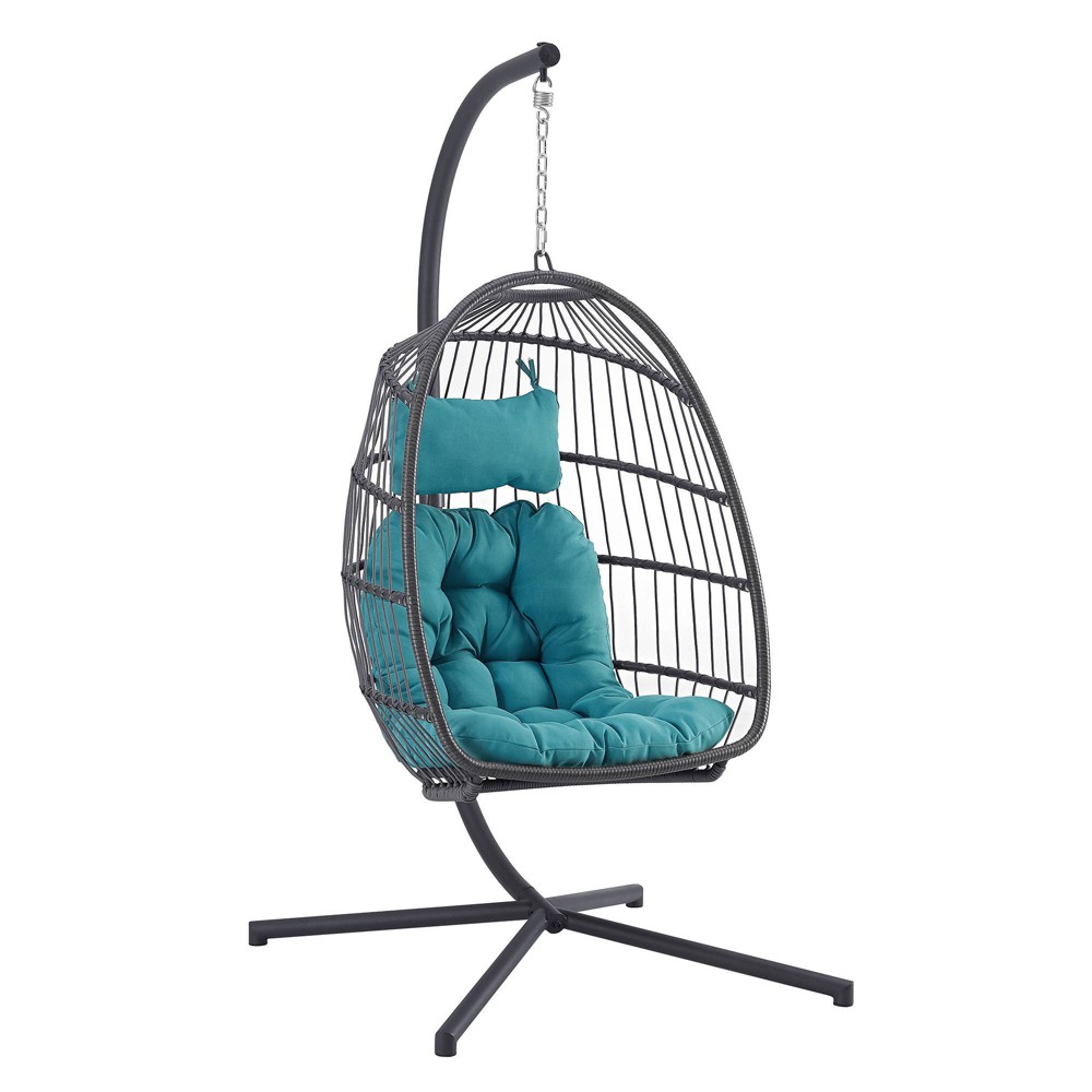 Toluca Hanging Outdoor Boho Egg Chair with Cushion – Gray/Teal – Saracina Home
