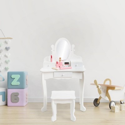 Kids Vanity Set, Princess Makeup Dressing Table and Stool Playset with Mirror & Drawers