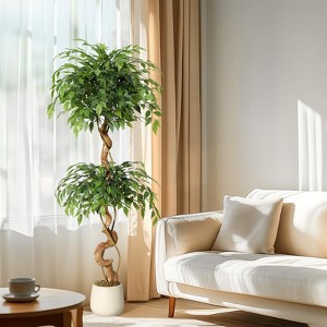 Ficus Artificial Tree with Curved Trunk，4 Feet Faux Plant Fake Silk Trees with White Pot, Faux Ficus Tree for Home Decor, Indoor Outdoor House - 1 of 4