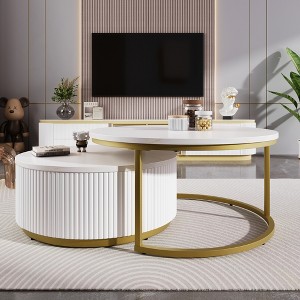 Grungis Nesting Coffee Table Set with Storage Drawer,2-Piece Side Modern Round Fluted Table Combo for Living Room - 1 of 4