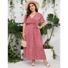 Womens Plus Size V Neck Wrap Maxi Dress High Waist Ruffle Summer Casual Dress with Belt, Red White Flower, 4XL - 3 of 4