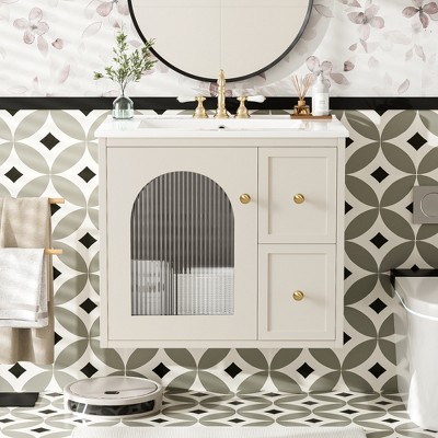 JUJABU 24" Wall-Mounted Bathroom Vanity with Ceramic Sink, 2 Drawers and Soft-Close Door