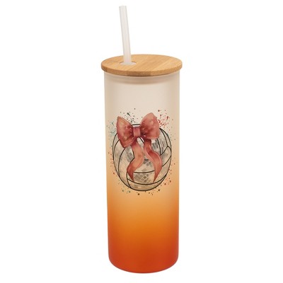 Elanze Designs 25 Ounce Frosted Glass Gradient Travel Tumbler With Straw and Wooden Lid, Volleyball with Pink Bow Orange