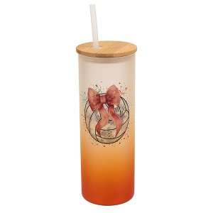 Elanze Designs 25 Ounce Frosted Glass Gradient Travel Tumbler With Straw and Wooden Lid, Volleyball with Pink Bow Orange - 1 of 1