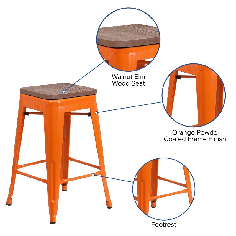 Emma and Oliver 24"H Backless Orange Metal Counter Height Stool with Wood Seat, 5 of 14