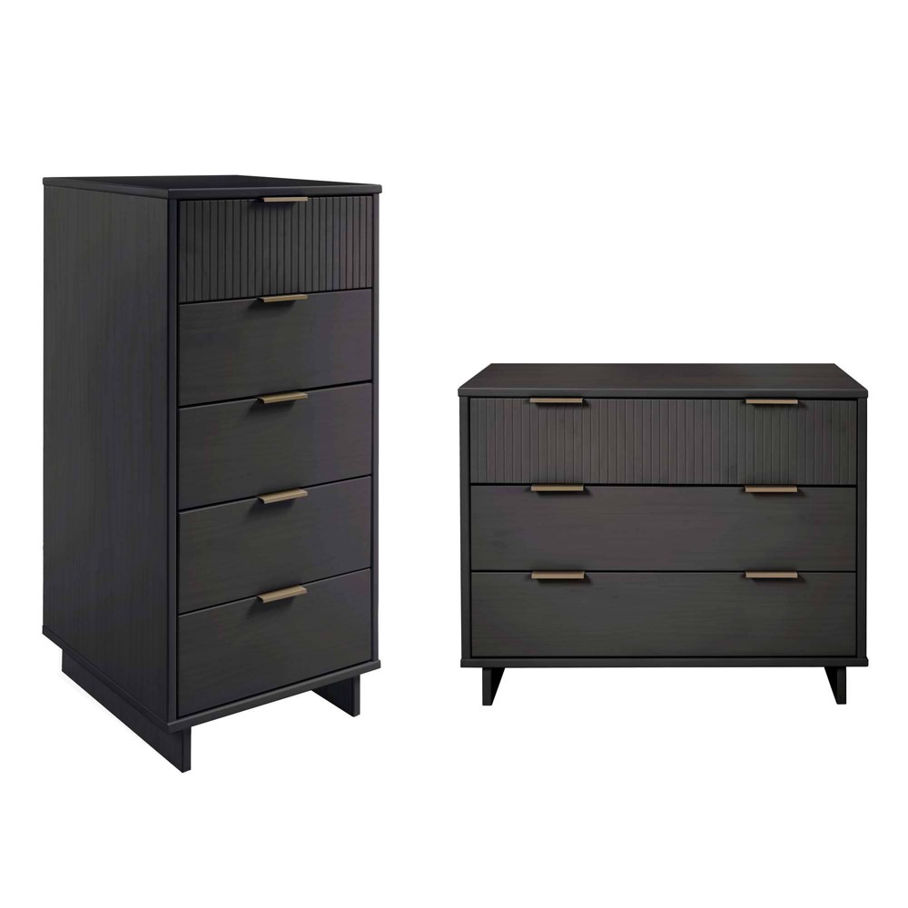 Manhattan Comfort 2pc Granville Narrow Chest and Dresser Bedroom Set Dark Gray: Modern Style, Anti-Tip Hardware