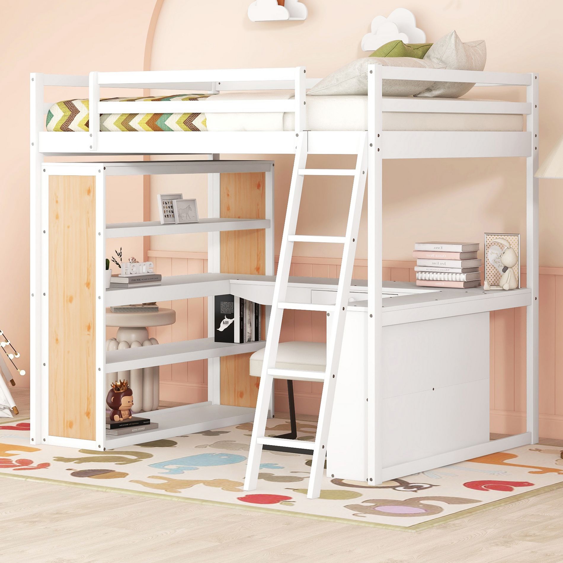 Full Size Wooden Loft Bed with Ladder, Shelves, a Drawer and Desk, White, 4L -ModernLuxe