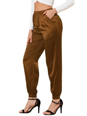 INSPIRE CHIC Women's Drawstring Elastic Waist Ankle Length Satin Joggers Pants with Pocket